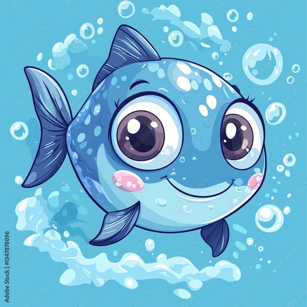 Fototapeta premium Cute kawaii-style cartoon tuna with big eyes and a playful expression, surrounded by tiny bubbles and ocean waves, fun and cheerful vibe
