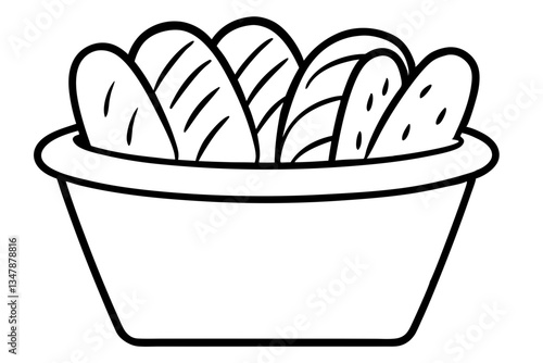 Bread basket filled with baguettes line art vector illustration.