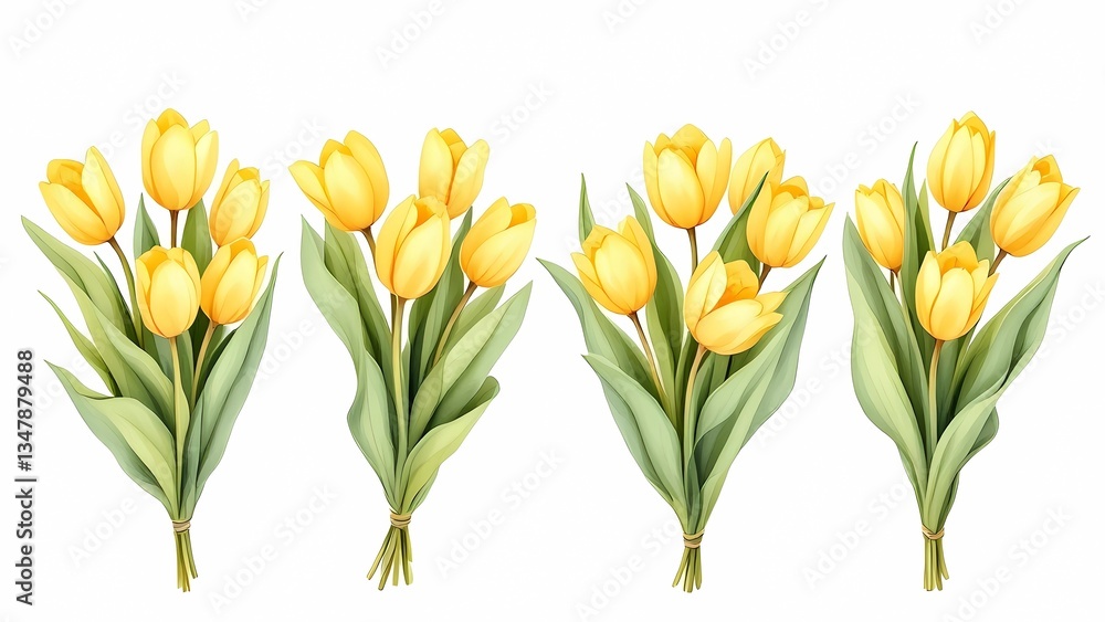 A Row of Four Cheerful Yellow Tulips, Perfectly Aligned, Highlighting Their Fresh Blooms and Lush Green Leaves A Row of Four Cheerful Yellow Tulips, Perfectly Aligned, Highlighting Their Fresh Blooms and Lush Green Leaves