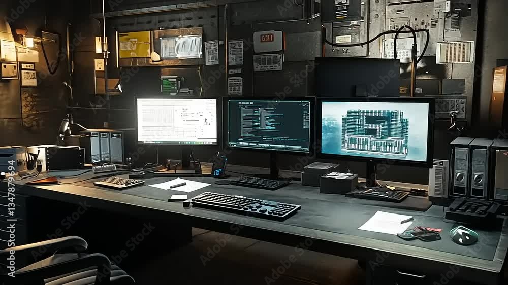 Modern workspace with dual monitors displaying code, surrounded by tech Modern workspace with dual monitors displaying code, surrounded by tech