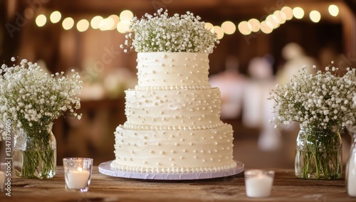 Elegant Three-Tiered Wedding Cake Decorated with Baby's Breath