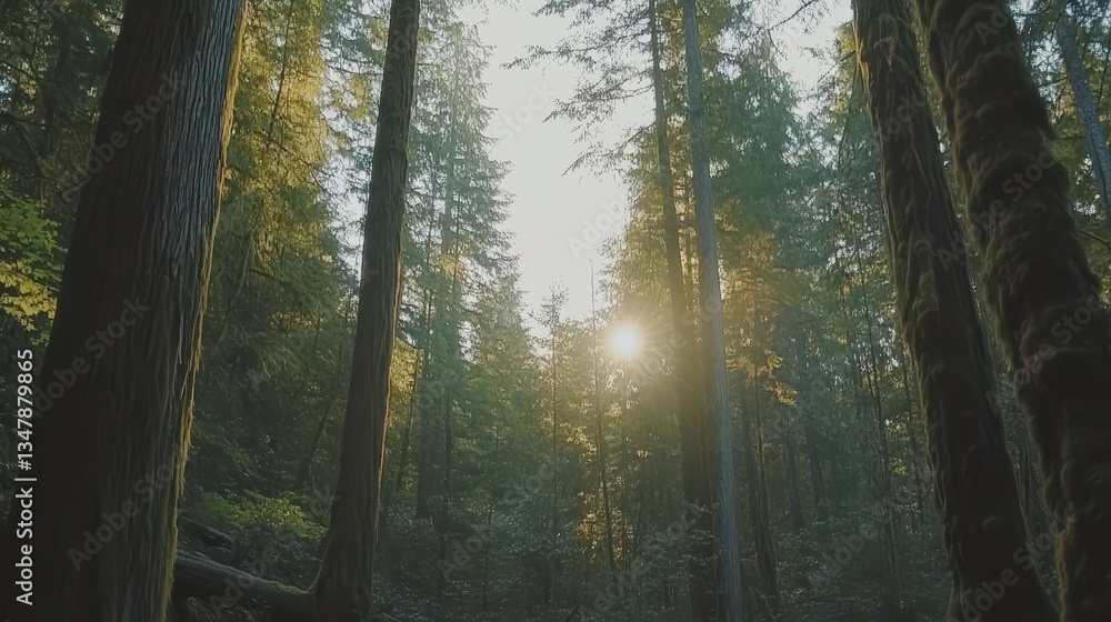 Obraz premium Sunlight streams through a dense old growth forest