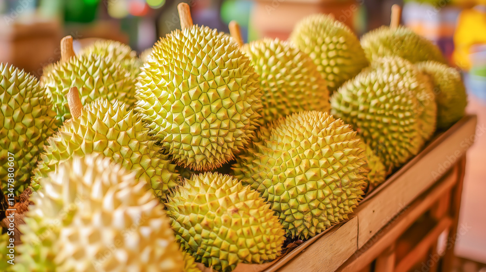 Fresh durians displayed in a bustling market, showcasing the unique spiky texture and vibrant green color Fresh durians displayed in a bustling market, showcasing the unique spiky texture and vibrant green color