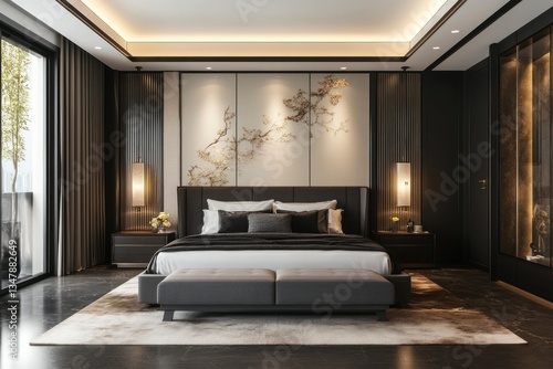 A luxurious modern bedroom interior design with elegant furnishings and details