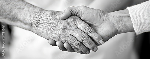 Showcasing heartfelt compassion, a caregiver placing hands gently over an elderly persons hands, depicting warmth and kindness, offering comfort and support in their senior years This image embodies