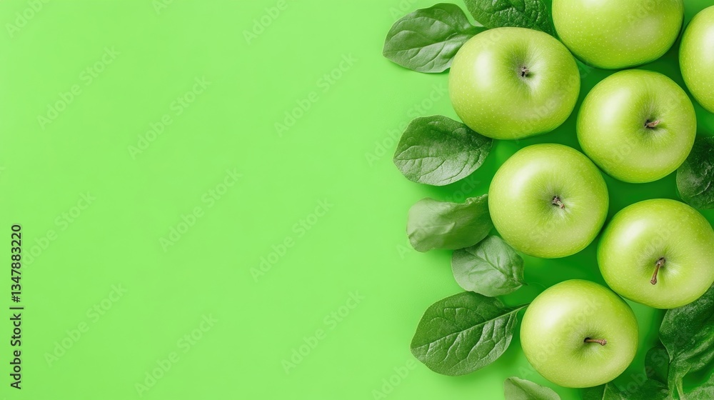 Obraz premium Fresh green apples with leaves on a vibrant green background