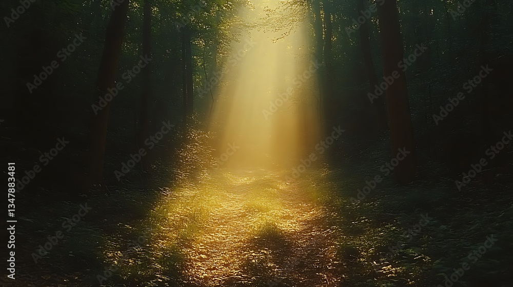 Naklejka premium Mystical Woodland Pathway: Golden Light Illuminating a Dark Forest Path Through the Tall Trees and Verdant Undergrowth