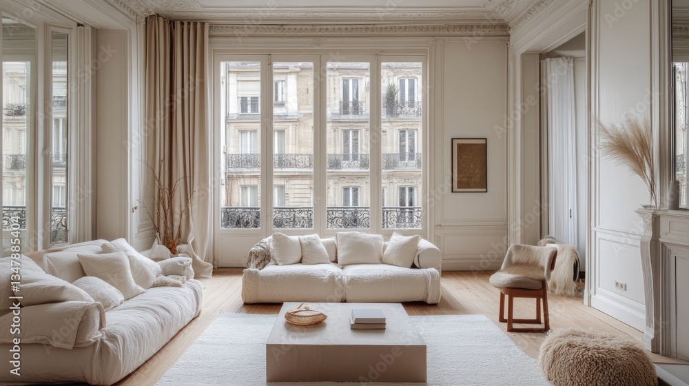 Fototapeta premium Sunlit parisian apartment interior with elegant decor and neutral tones