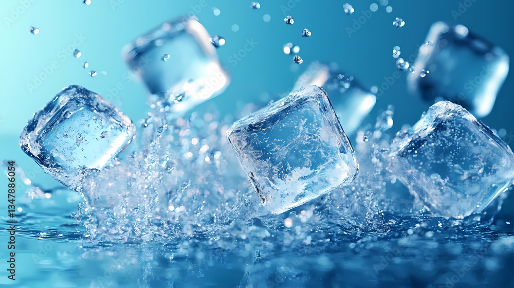 Ice Cubes Splashing Water in Blue Liquid Ice Cubes Splashing Water in Blue Liquid