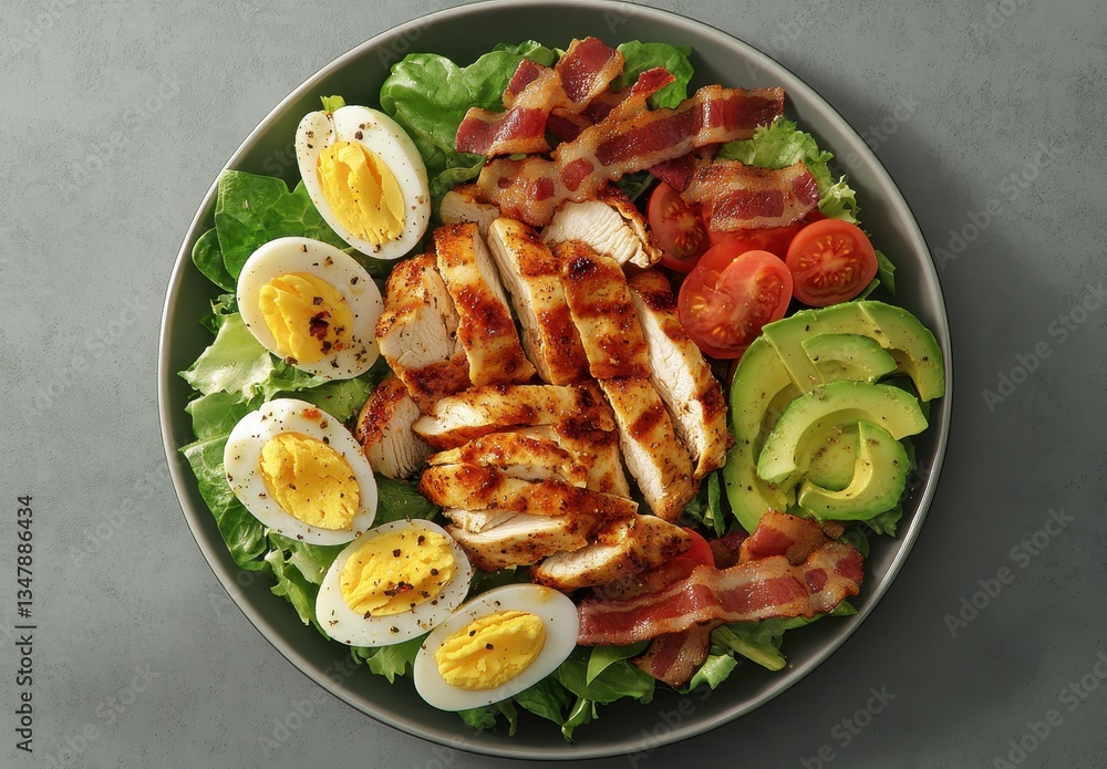Grilled Chicken Salad with Bacon, Hard-Boiled Eggs, Sliced Avocado, Fresh Vegetables, and a Delicious Green Lettuce Base on a Textured Plate