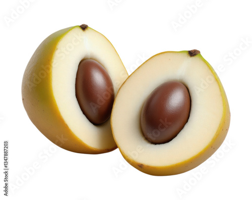 Fresh Ripe Yellow Mamey Sapote Fruit Cut in Half Showing Brown Seed and Creamy White Flesh Cross Section Isolated on Transparent and White Background photo