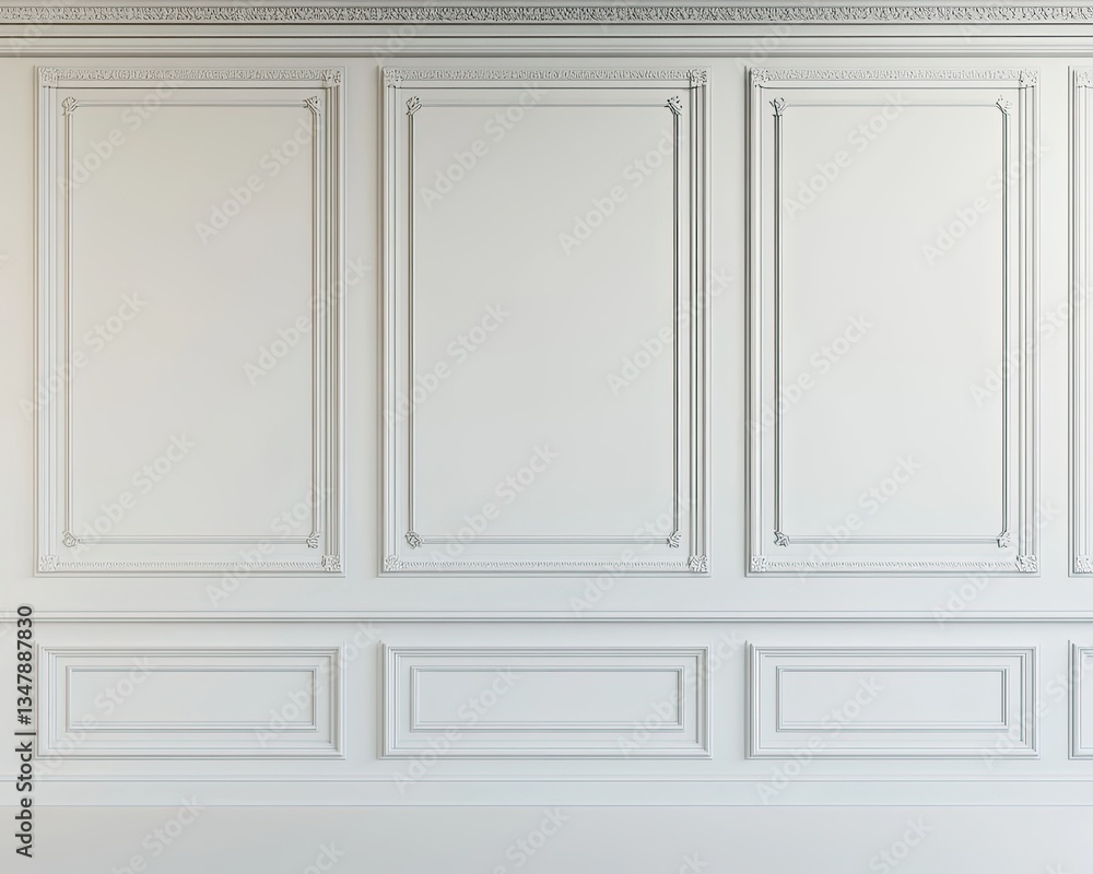 Elegant white paneled wall interior, empty, daylight Elegant white paneled wall interior, empty, daylight