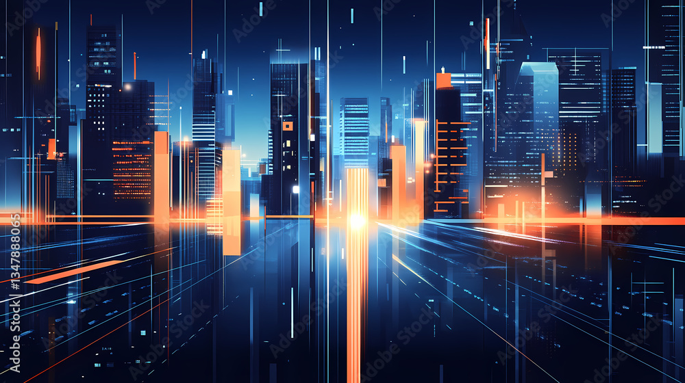 Fototapeta premium Futuristic Cityscape with Bright Lights and Tall Buildings