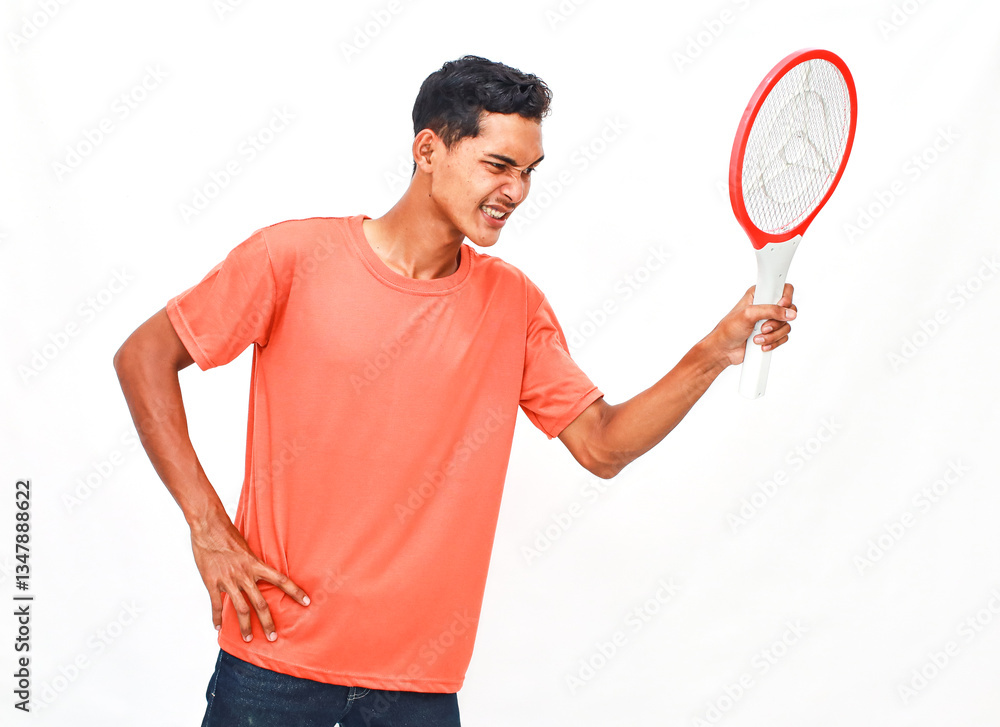 Young Person Holding A Pest Control Device Against A White Background Young Person Holding A Pest Control Device Against A White Background