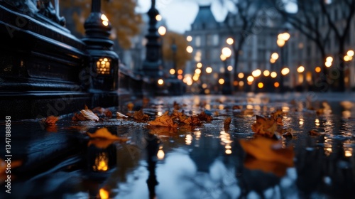 Autumn rain on a city street.  Fallen leaves reflecting in puddles