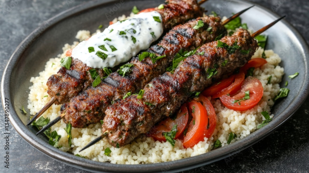 Grilled Lamb Kofta Skewers Served Over Couscous With Tomatoes Grilled Lamb Kofta Skewers Served Over Couscous With Tomatoes
