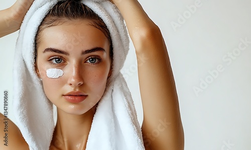 Young Woman Applying Face Cream After Shower