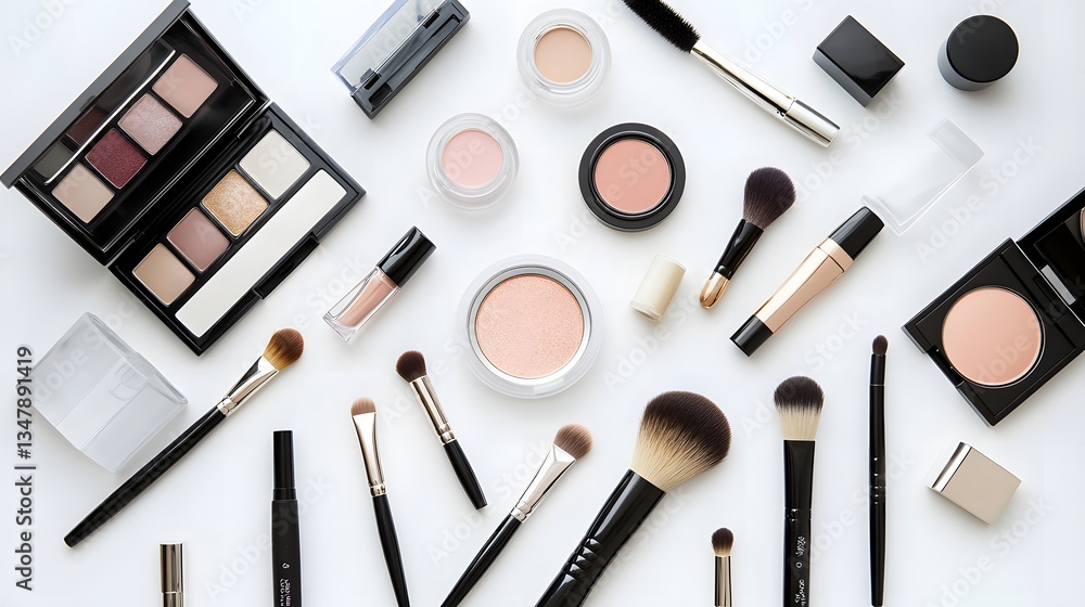 Neatly arranged makeup tools and products, showcasing organization and beauty essentials Neatly arranged makeup tools and products, showcasing organization and beauty essentials