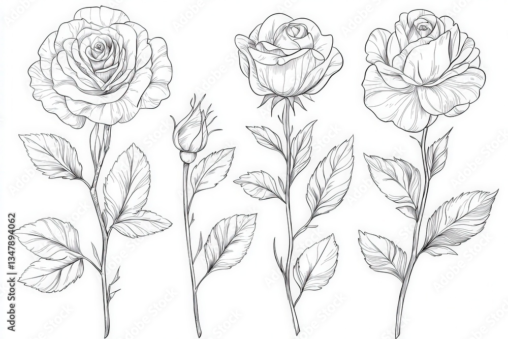 Four intricately detailed roses are depicted in a line drawing style, showcasing different stages of bloom. Each flower is accompanied by delicate leaves, highlighting natures beauty. Four intricately detailed roses are depicted in a line drawing style, showcasing different stages of bloom. Each flower is accompanied by delicate leaves, highlighting natures beauty.