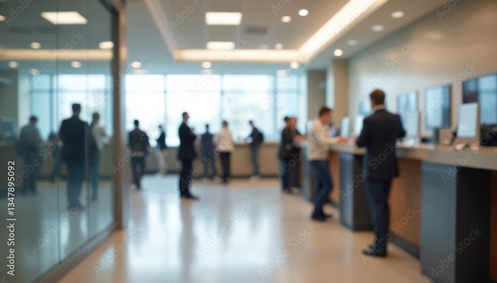 Blurred bank lobby with customers near teller counters. People near computers, working in financial service environment. Modern business office interior with waiting area, technology. Blurred bank lobby with customers near teller counters. People near computers, working in financial service environment. Modern business office interior with waiting area, technology.
