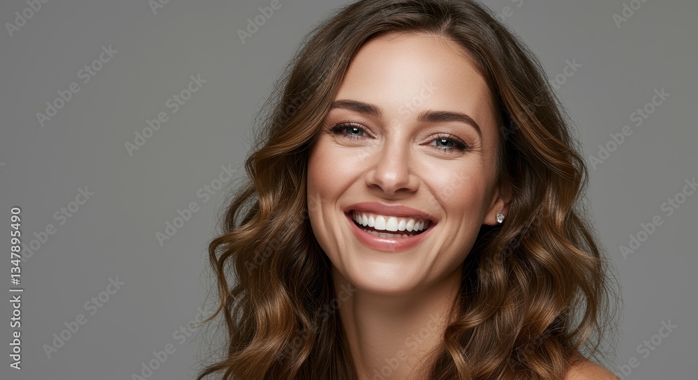 Naklejka premium A joyful woman with wavy brown hair flashes a bright smile, showcasing her perfect teeth and vibrant personality, capturing the essence of happiness and beauty.