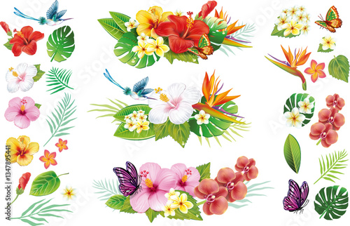 Tropical Flowers and Leaves Set – Floral Compositions with Individual Elements for Custom DesignsPrint