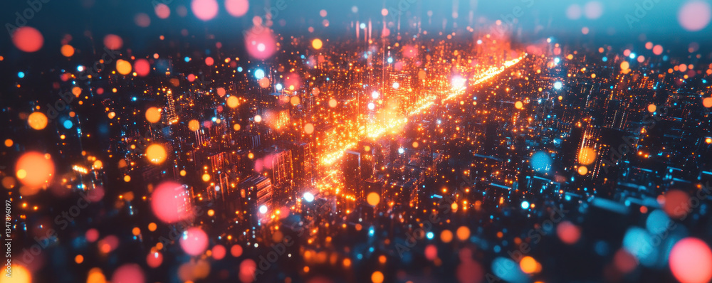 Obraz premium A cityscape with a bright orange line running through it. The city is lit up with bright lights, creating a vibrant and energetic atmosphere. The orange line seems to be a source of light
