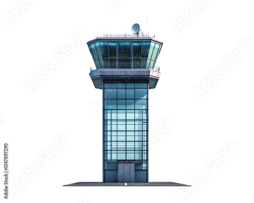 Modern Airport Control Tower with Glass Windows and Communication Antennas