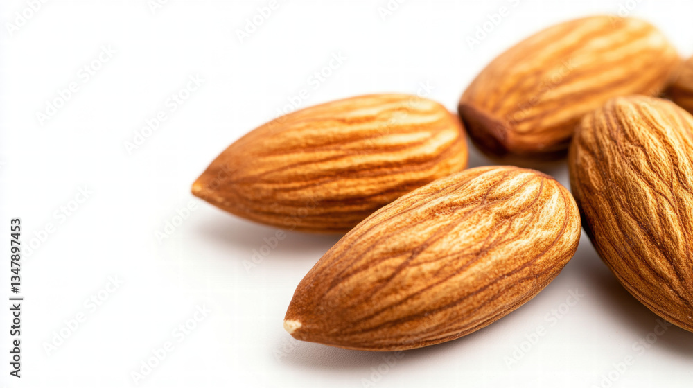 Macro Shot of Raw Almonds on a White Background Macro Shot of Raw Almonds on a White Background