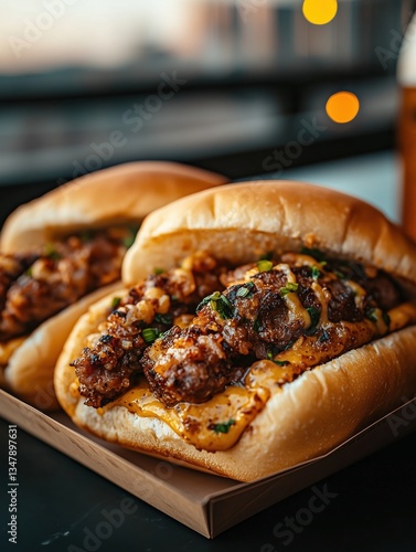 Wallpaper Mural Variations of Philly cheesesteak showcasing tender beef, melted cheese, and fresh toppings in creative presentations Torontodigital.ca