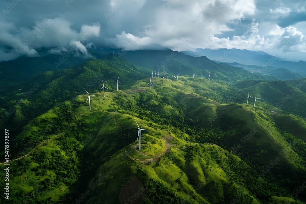 Obraz premium Panoramic View of Wind Turbines on Lush Green Mountains under Cloudy Skies A Symbol of Sustainable Energy and Environmental Conservation