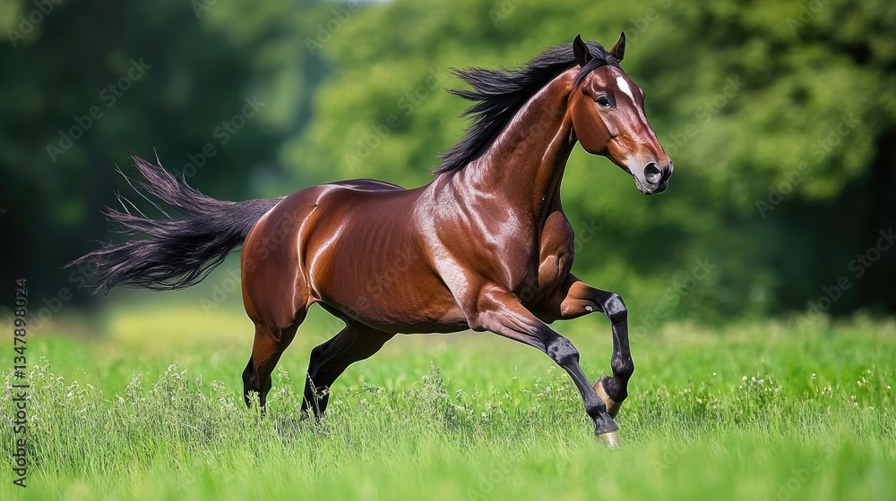 Obraz premium Majestic Bay Horse Galloping Through Lush Green Field
