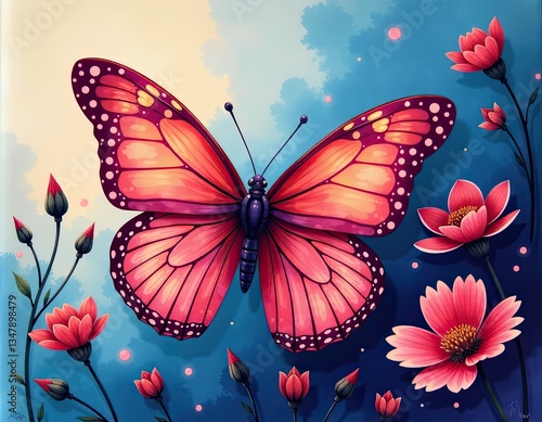 Pink Butterfly on Flowers, Artistic Illustration