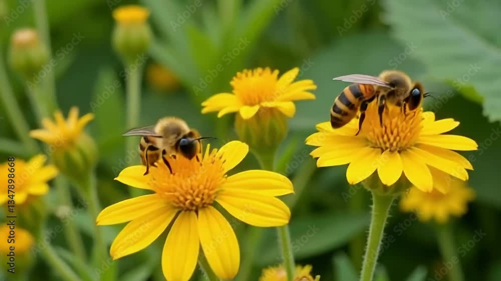 Two bees on yellow flowers, yellow and brown, pollination and nature close-up Two bees on yellow flowers, yellow and brown, pollination and nature close-up