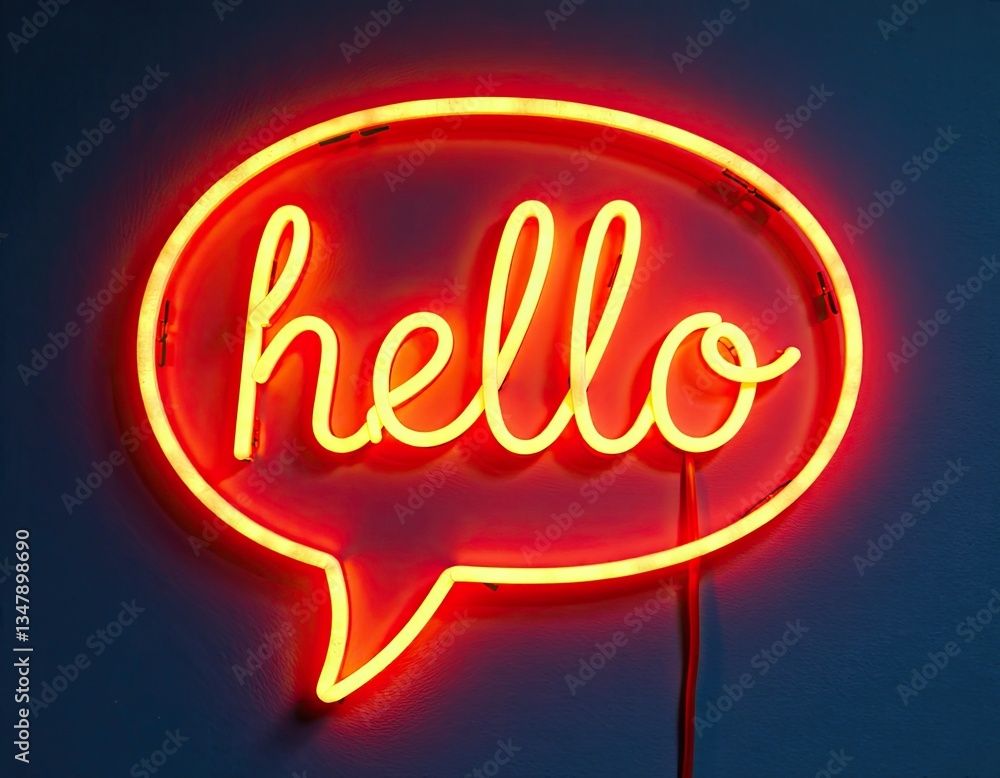 Glowing Neon Hello Sign in Speech Bubble - Welcome Message