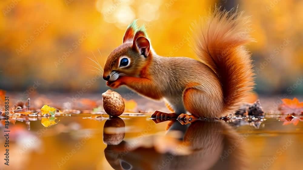 Adorable Red Squirrel by Autumn Puddle Reflection Adorable Red Squirrel by Autumn Puddle Reflection