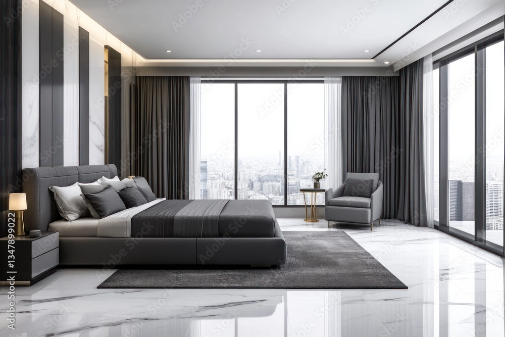 Fototapeta premium Contemporary bedroom interior design with large windows and modern furniture