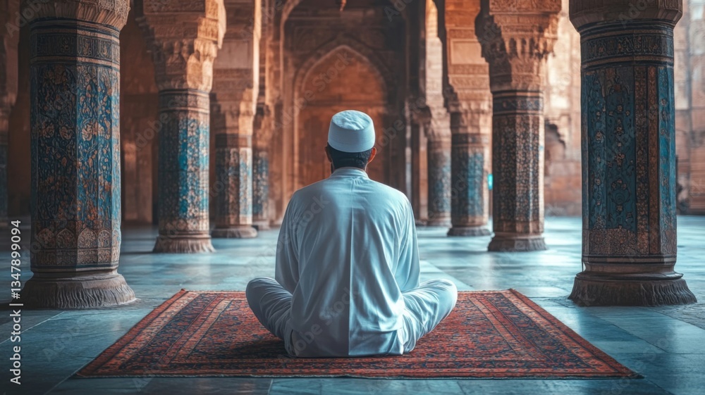 Man in prayer in an ancient mosque hall Man in prayer in an ancient mosque hall
