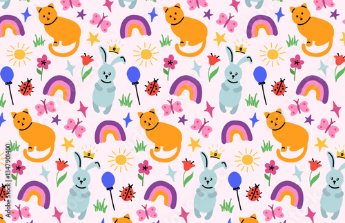 happy, multicolored, drawn, color, cat, graphic, kids, flower, gift, childish, star, colorful, doodle, bright, print, texture, childhood, white, seamless, cute, paper, hand, art, wallpaper, sketch, fu