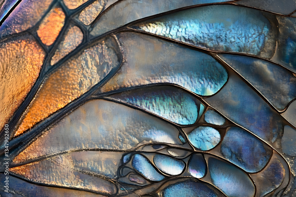 Fototapeta premium Abstract butterfly wing close-up with iridescent scales and intricate veining detail showcasing vibrant colors and delicate patterns creating a mesmerizing visual experience