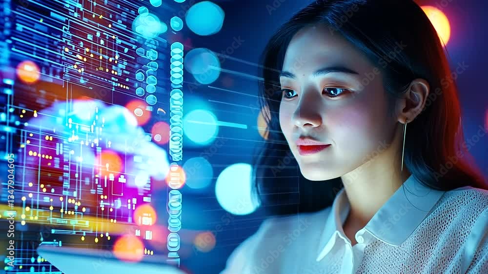 Asian woman using a tablet to oversee cloud computing operations in a server room. Asian woman using a tablet to oversee cloud computing operations in a server room.
