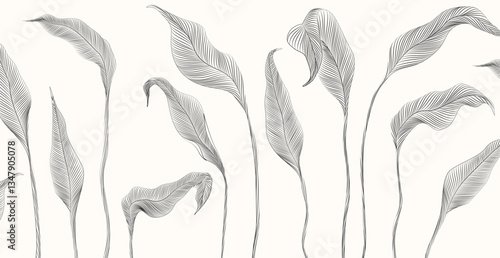 Art background with exotic leaves hand drawn in line art style. Botanical banner for decor, print, textile, poster, wallpaper, interior design.