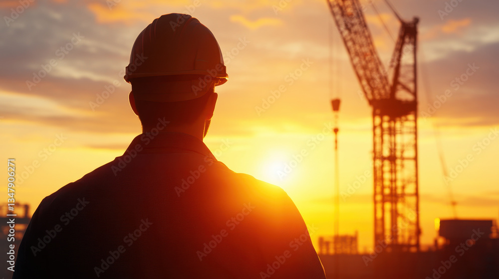 construction worker observes sunset behind crane, symbolizing hard work and dedication. silhouette captures essence of construction industry construction worker observes sunset behind crane, symbolizing hard work and dedication. silhouette captures essence of construction industry