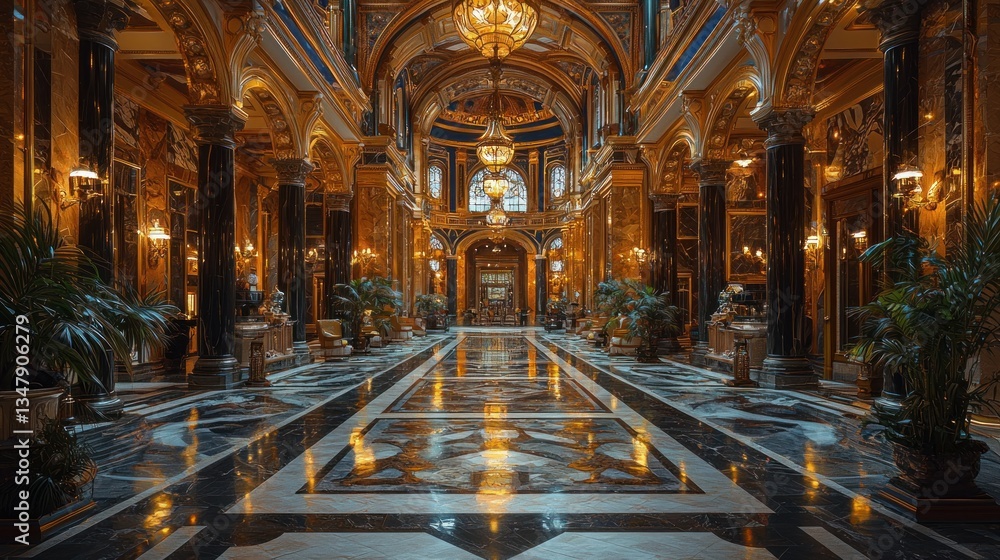 Fototapeta premium Opulent hall features marble floors, golden trim, chandeliers.