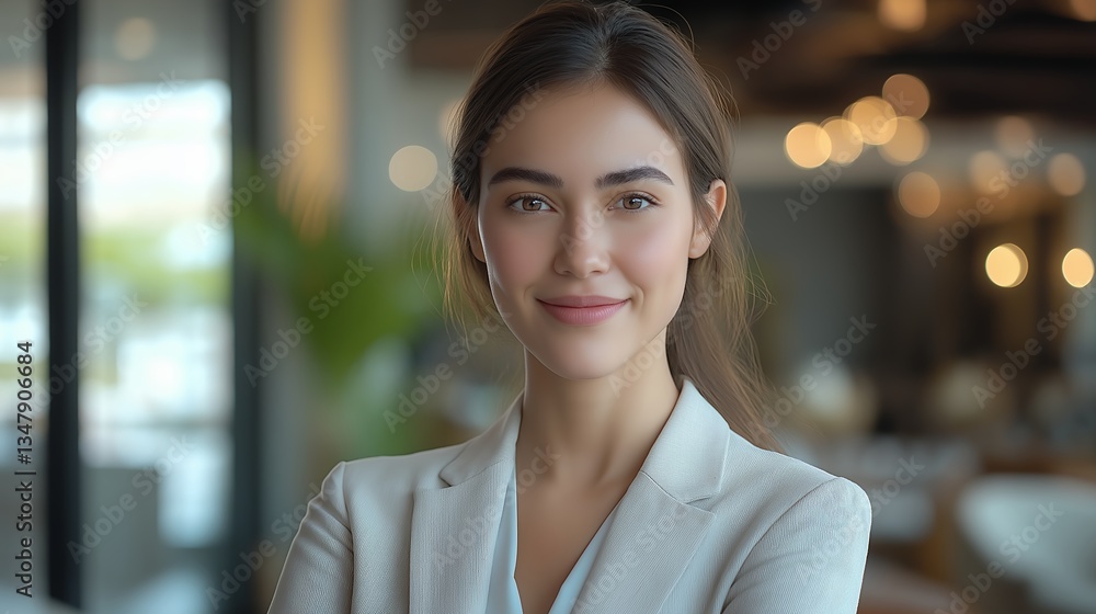 A businesswoman smiling confidently wearing a light-colored blazer standing indoors with soft natural lighting A businesswoman smiling confidently wearing a light-colored blazer standing indoors with soft natural lighting