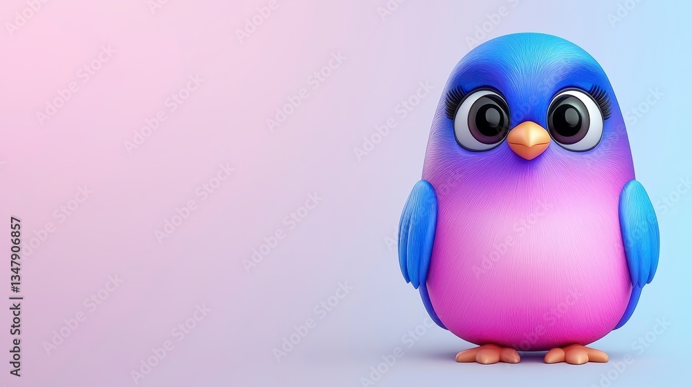 Obraz premium Adorable Pink and Blue Fluffy Cartoon Bird Digital Illustration