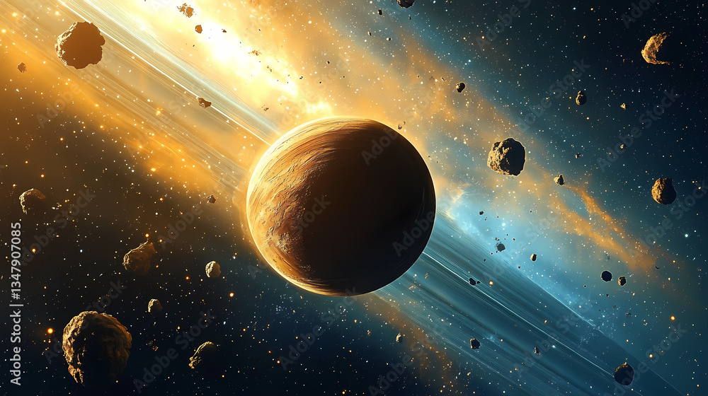 Obraz premium Giant Planet Surrounded by Asteroids with Orange and Blue Gradients