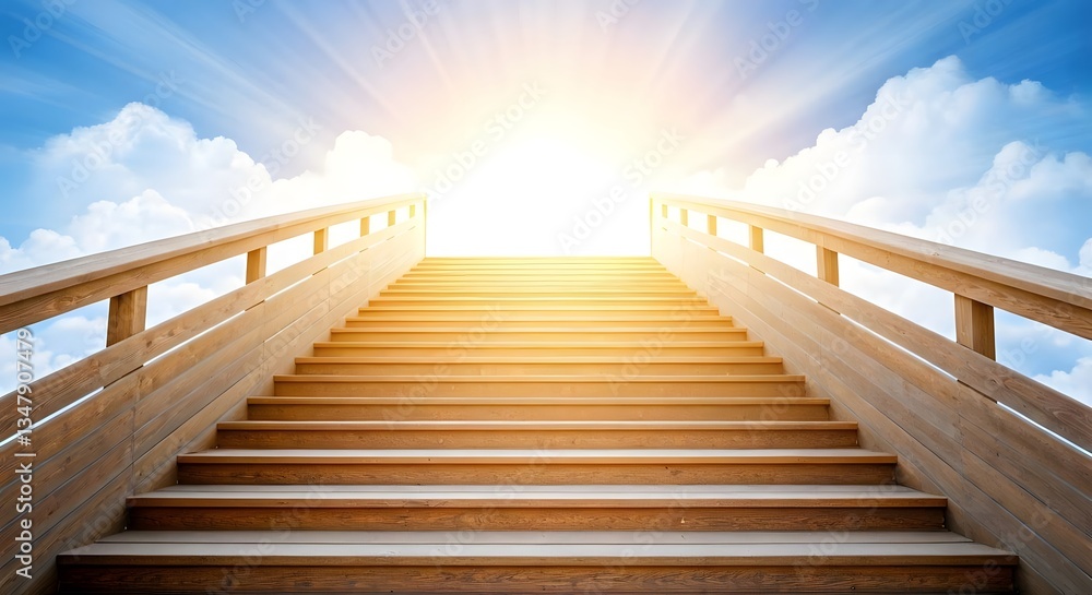 Fototapeta premium A wooden staircase surrounded by soft, heavenly light, leading toward the sky with clouds floating by, Ai Generated