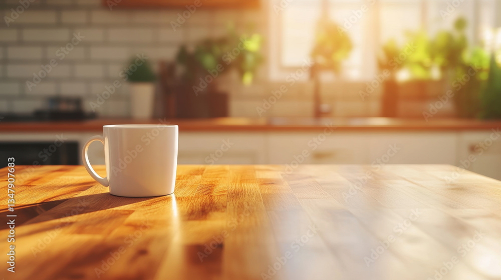 Fototapeta premium white coffee mug sits on wooden countertop in sunlit kitchen, surrounded by greenery, creating warm and inviting atmosphere
