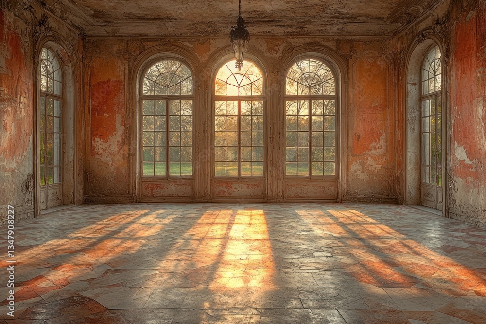 Fototapeta premium Ornate room bathed in sunlight through arched windows.